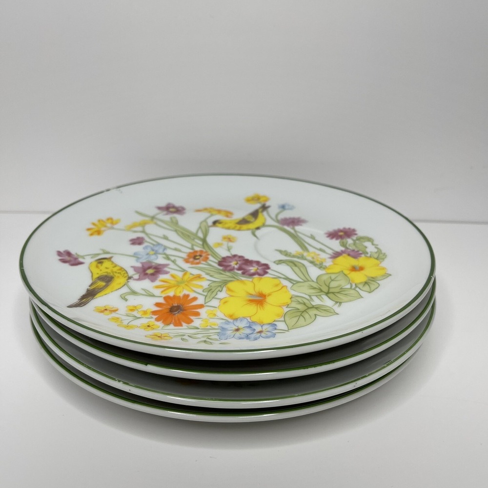 4 Vintage Snack Plates Garden Song 1977 Yellow Birds Mar-Lyn NO‎ CUPS